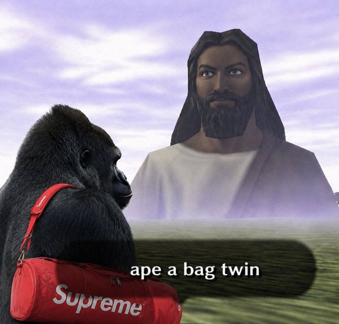 A gorilla wearing a red "Supreme" duffel bag stands in the foreground before a giant image of Jesus, captioned "ape a bag twin"—a slangy mashup meaning "ape the bag, twin," i.e., blindly copy the trade. The meme riffs on the post's satire of crypto advice culture: like the gorilla mindlessly aping into a hyped bag, "DYOR" defenders tell novices to figure it out themselves, while the post argues the real responsible move is the opposite.