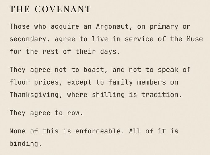 A text document titled 'THE COVENANT' containing humorous, mock-solemn rules for owners of an 'Argonaut,' including agreeing to 'row' and not speaking of 'floor prices'.