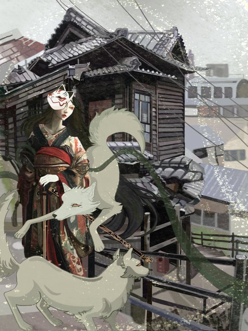 An illustration blending a traditional Japanese kimono-wearing woman with a fox mask and white fox spirits against a backdrop of old Japanese architecture and power lines.