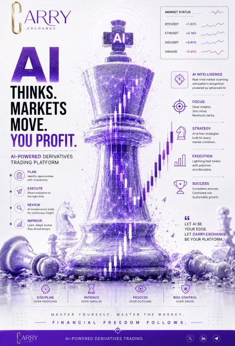 A marketing infographic for 'CARRY EXCHANGE' promoting 'AI-Powered Derivatives Trading' with the tagline 'AI THINKS. MARKETS MOVE. YOU PROFIT,' featuring market status for BTC/USDT (+1.32%), ETH/USDT (+2.18%), SOL/USDT (+3.45%), and XAU/USD (-0.45%).