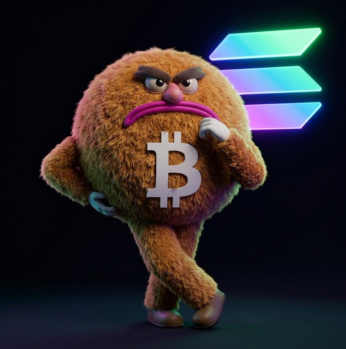 A 3D-rendered furry brown creature with an angry expression wears a white Bitcoin symbol on its chest, standing in front of the glowing Solana logo.