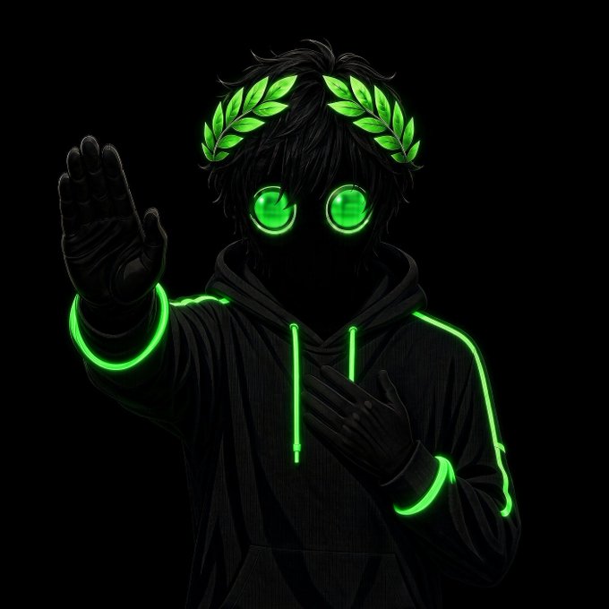 An anime-style digital illustration of a character in a black hoodie with glowing green accents, wearing a green laurel wreath and glowing green goggles, raising one hand in a greeting gesture against a dark background.