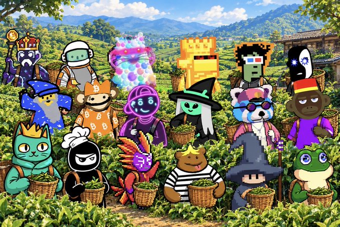 A colorful illustration of various cartoon characters including a king cat, pirate, monkey, and wizard, all carrying baskets while harvesting tea leaves in a lush green plantation with mountains in the background.