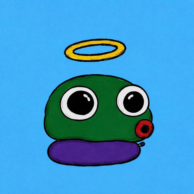 A cartoon illustration shows a green blob-like character with large white-and-black eyes and a red mouth, sitting on a purple base beneath a floating yellow halo, set against a bright blue background. The image represents a 28x GTD giveaway for a BlobPepeRH NFT, with a link to join the associated Telegram group for entry.