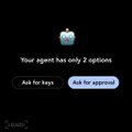 A dark-themed digital interface displaying a lock icon and the message "Your agent has only 2 options" with buttons for "Ask for keys" and "Ask for approval."