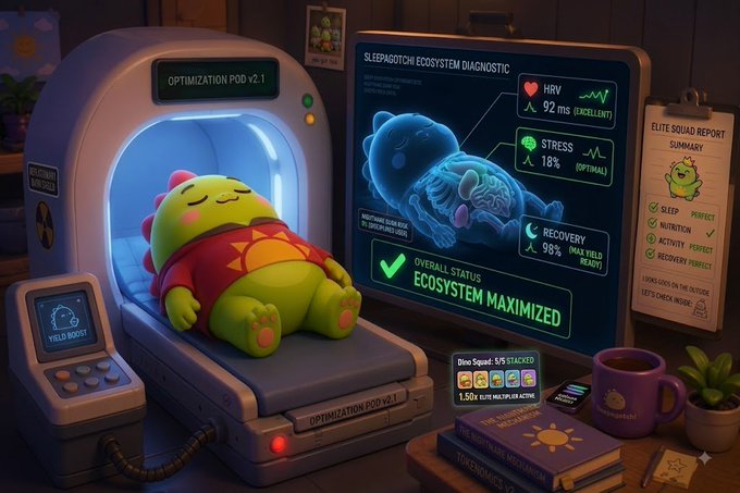 A cute green Sleepagotchi character relaxes in a futuristic “Optimization Pod v2.1” while a monitor reads “Sleepagotchi Ecosystem Diagnostic” and shows heart rate 92 ms, stress 18%, recovery 98%, and “Overall Status: Ecosystem Maximized.” The “Elite Squad Report” highlights sleep, nutrition, activity, and recovery perks, visually reinforcing the post’s discussion of Sleepagotchi’s user growth and Solana Mobile traction.