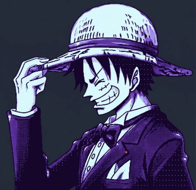 A stylized purple-toned illustration depicts a young man in a suit and straw hat tipping his hat with a wide, stitched grin, resembling the anime character Monkey D. Luffy.