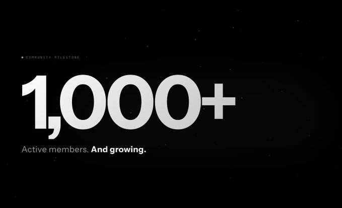 The image displays a "COMMUNITY MILESTONE" announcement featuring bold white text on a black, starry background that reads "1,000+" with the caption "Active members. And growing." This visually celebrates the post's recognition of surpassing 1,000 active community members in Orbinum, highlighting the milestone as the foundation for upcoming Testnet quests.