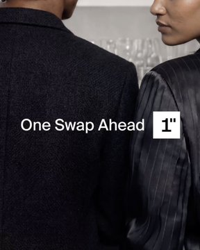 The image features two people standing next to each other with their backs facing away from the camera. The person on the left has a black jacket, while the person on the right wears a black dress. In front of them, there are several wine glasses arranged in a row. Below this scene is a post that reads "One Swap Ahead" and includes an image of a block-based interface with a scale at the bottom.