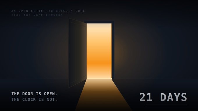 A dark graphic shows an open door illuminated by warm golden light, with the text "AN OPEN LETTER TO BITCOIN CORE FROM THE NODE RUNNERS" at the top, "THE DOOR IS OPEN. THE CLOCK IS NOT." in the bottom left, and "21 DAYS" prominently displayed in the bottom right. The open door symbolizes the node runners' invitation for open dialogue with Bitcoin Core, while the 21-day countdown represents the deadline they've set for a public conversation to occur.