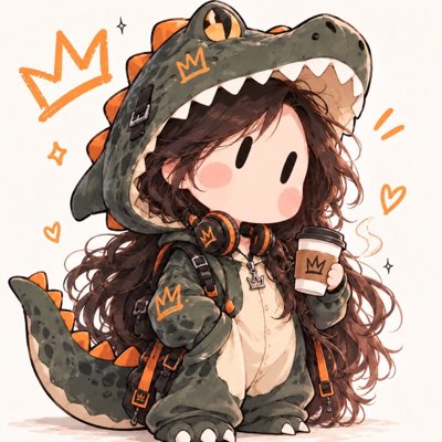 A chibi-style cartoon illustration shows a girl with brown curly hair wearing a green dinosaur hoodie and holding a coffee cup, surrounded by orange crowns and hearts.
