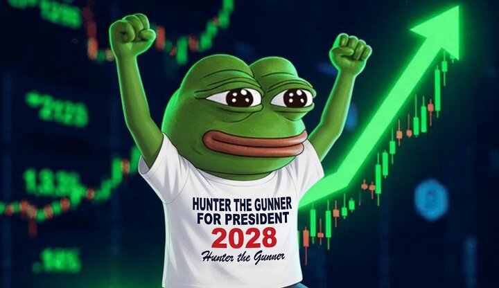 In this image, a cartoon frog (or frog person) is wearing a t-shirt with a graphic design of a green arrow pointing upwards accompanied by text that reads "Hunter The Gunner #NewMemecoinAlert #GrandTheftTrencher #pumpfun #solanasummer #FeedTheGoons #Takebackthetrenches". 
The frog's arms are raised in the air, and he is standing on a platform with the word "Hunter" written above him. The background of the image consists of a series of stock market graphs and lines that emphasize the upward-pointing arrow and create an atmosphere of excitement or growth.