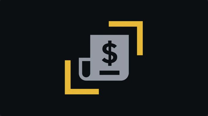 A simple graphic icon depicting a gray package or document with a dollar sign ($), framed by yellow corner brackets on a black background.