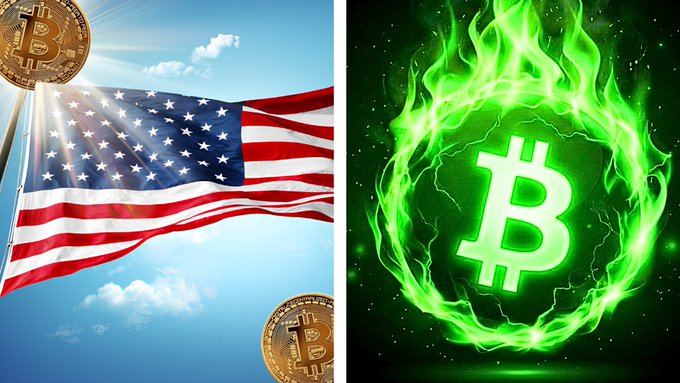 A split image shows a Bitcoin coin and American flag on the left, contrasted with a green flaming Bitcoin logo on the right.