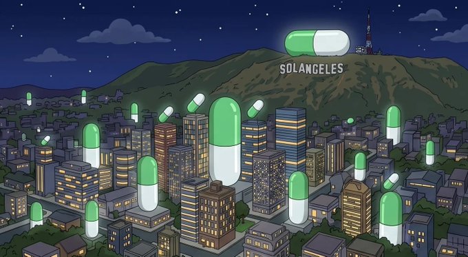 An illustrated nighttime cityscape of Los Angeles featuring the iconic Hollywood sign, with the word "SOLANGELES" written on the hillside and a large green-and-white pill (resembling a Solana token or meme coin) glowing prominently above it. Numerous similar glowing pills are scattered among the skyscrapers, visually representing the Solana-themed cartoon brand being promoted in the post.
