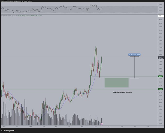 The image shows a scatter chart of a cryptocurrency market with several peaks and valleys depicted in black and gray colors. The chart displays price fluctuations for Bitcoin and Altcoin, including a peak at $HYPE indicating the highest point in the market during this time period. A caption below the chart explains that it is "Close towards this range on $HYPE, quite an ugly selloff, but again, there' s no reason for this one to not be taking out the high in the coming days. Especially if Bitcoin continues to move upwards, the liquidity will continue to pour into the strong altcoins that were". This visual representation helps viewers understand the trends and fluctuations of the cryptocurrency market over time.