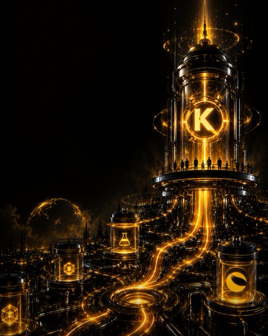 A futuristic sci-fi illustration features a towering black and gold structure glowing with a 'K' emblem, with silhouetted figures standing on a platform below it.