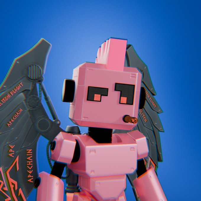 A pink blocky robot character with digital eyes and angel wings labeled 'APE<CHAIN' and 'YUKI FLIGHT' stands against a blue background.