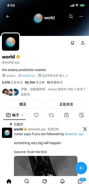 A mobile screenshot of the X (Twitter) profile for 'world' (@world_xyz) described as 'the solana prediction market', with a pinned post reading 'rumor says if you are followed by @world_xyz something very big will happen'.