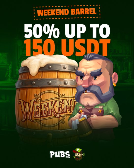 A promotional graphic for 'PUBS.com' featuring a cartoon character with a beard holding a beer mug next to a wooden barrel, advertising 'WEEKEND BARREL' with '50% UP TO 150 USDT'.