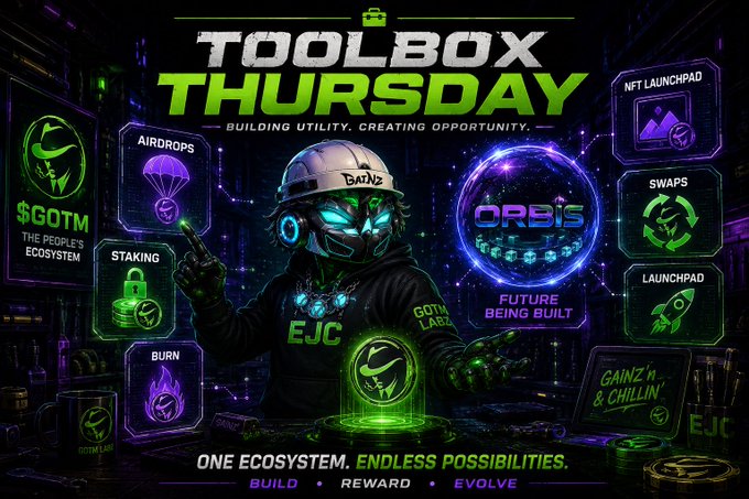 A promotional graphic titled "TOOLBOX THURSDAY" featuring a cybernetic character and various labeled icons including "$GOTM", "AIRDROPS", "STAKING", "BURN", "ORBIS", "NFT LAUNCHPAD", "SWAPS", and "LAUNCHPAD", with the tagline "ONE ECOSYSTEM. ENDLESS POSSIBILITIES."