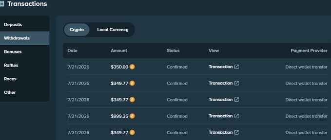 A cryptocurrency withdrawal transactions page showing multiple confirmed direct wallet transfers dated 7/21/2026, with amounts around $349-$999.