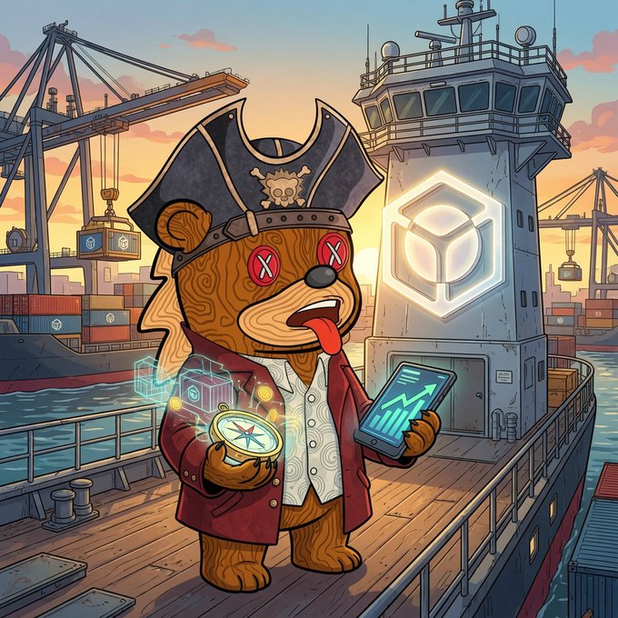 A cartoon bear dressed as a pirate with a hat and coat stands on a ship's deck holding a compass and a phone showing a rising chart, with a port and cargo ship in the background.
