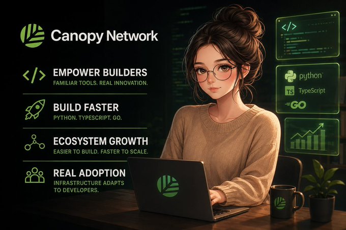 A promotional graphic for 'Canopy Network' featuring an illustrated woman with glasses working on a laptop, with text highlighting 'EMPOWER BUILDERS', 'BUILD FASTER' (Python, TypeScript, Go), 'ECOSYSTEM GROWTH', and 'REAL ADOPTION'.