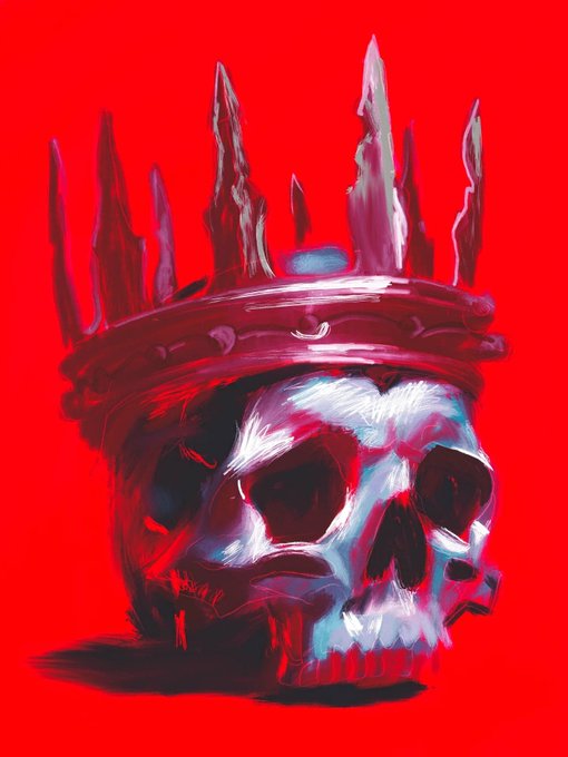 A dark digital painting of a human skull wearing an ornate spiked crown, rendered in deep reds and purples against a bright red background.