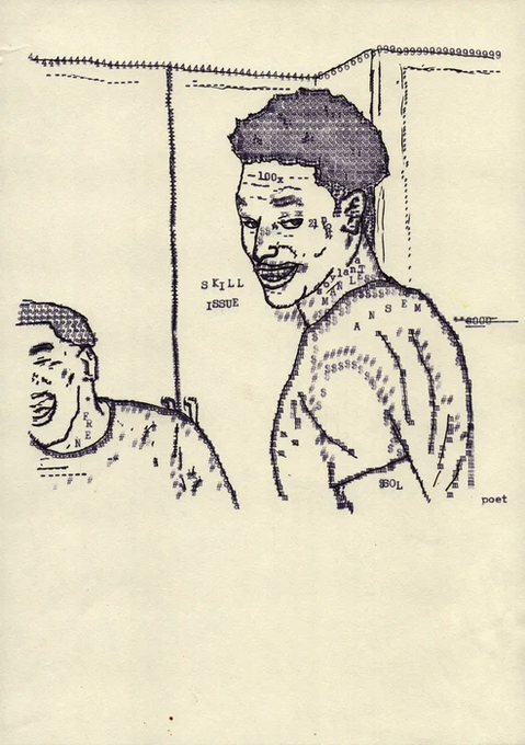 This image appears to be a detailed typewriter artwork depicting two figures, likely created by @solanapoet, with visible text including "SKILL ISSUE," "poet," and scattered letters and numbers like "LOOX" and "SSSSSS" forming the artistic patterns. The sketch showcases the impressive hand-typed craftsmanship referenced in the post, where letters and characters are meticulously arranged to create shading, facial features, and texture—all done on an old typewriter as highlighted in the caption.
