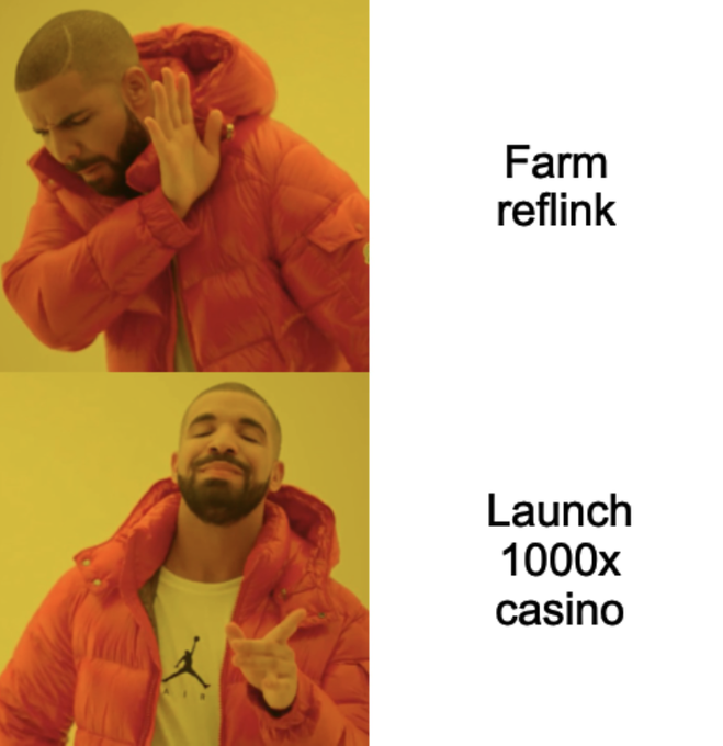 The image is the classic "Drake rejecting/approving" meme, with Drake rejecting "Farm reflink" (referring to a referral link to a project) while approving "Launch 1000x casino." It illustrates the post's accusation that the person promotes another project while trash-talking @rasmr_eth.