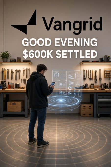 A man in a workshop holds a phone while viewing a holographic interface, with 'Vangrid' branding and text reading 'GOOD EVENING $600K SETTLED' displayed on the wall.
