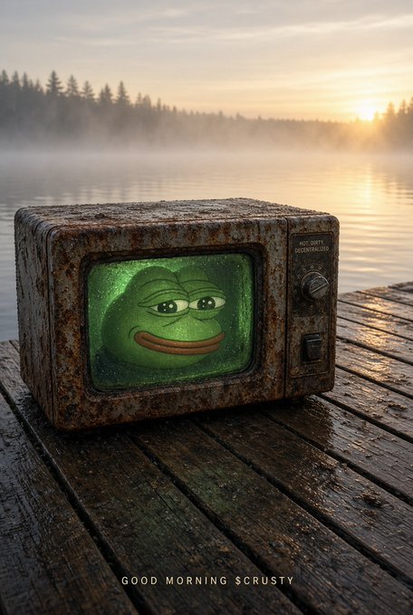 A digital artwork of a rusty vintage television sitting on a wooden dock by a misty lake at sunrise, displaying the green Pepe the Frog face on its screen, with the text 'GOOD MORNING SCRUSTY' at the bottom.