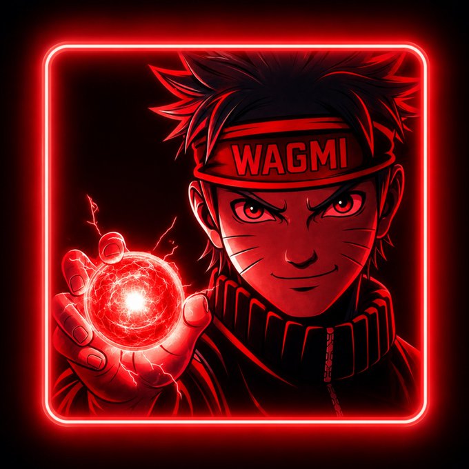 A neon red illustration depicts an anime-style character wearing a headband with the text 'WAGMI', holding a glowing red orb with crackling energy.