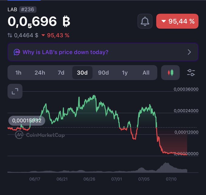 A CoinMarketCap chart shows $LAB token (#236) down 95.44% over 30 days, with the price collapsing from a peak above $0.00024000 to near $0.0000000, visually illustrating the post's claim about a major collapse driven by concentrated holdings in the top 6 wallets.