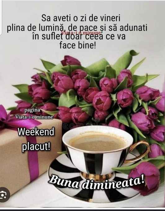 A greeting card features an image of a coffee cup, a bouquet of tulips, and a wrapped gift, accompanied by Romanian text wishing the recipient a peaceful Friday and a pleasant weekend, signed 'Buna dimineata!'