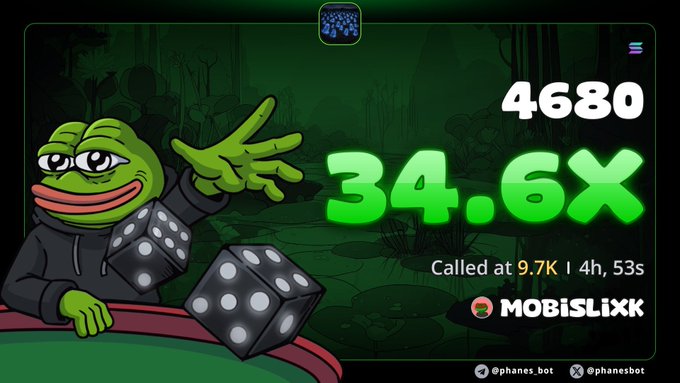A green Pepe the Frog character in a hoodie points toward a dice-themed graphic showing a 34.6X multiplier on a 4680 bet (called at 9.7K) for $MOBISLIXK, with the post's "Send da moonbag higher!" message reflecting excitement over the win.