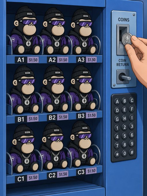 An illustration of a vending machine filled with identical cartoon monkeys wearing 'DEGEN' hats and sunglasses, priced at $1.50 each, with a hand inserting a coin.