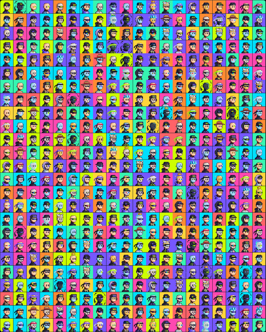 A colorful grid of 500 unique pixel-art avatars displayed against vibrant backgrounds, representing the 500 Genesis Nodes of the $HALO network, visually illustrating the "no hardware needed" and "automatic activation" concepts for Genesis holders.