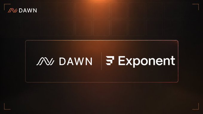 The image displays a logo banner featuring "DAWN" alongside "Exponent" (referencing @ExponentFinance), set against a dark background with orange accents and framed by corner brackets. This visually represents the partnership announcement about the USD.infra Vault integrating with Exponent Finance to offer Principal Token (PT) flexibility for sUSD.infra positions.