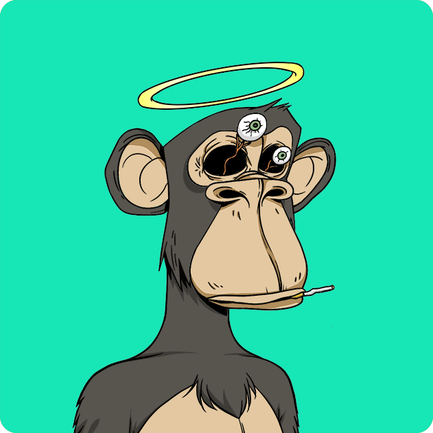 A cartoon illustration of a chimpanzee with three eyes, a yellow halo above its head, and a cigarette in its mouth, set against a teal background.
