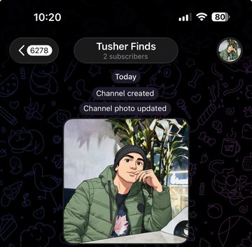 A Telegram channel screenshot showing 'Tusher Finds' with 2 subscribers, displaying the channel creation notification and an anime-style profile picture.