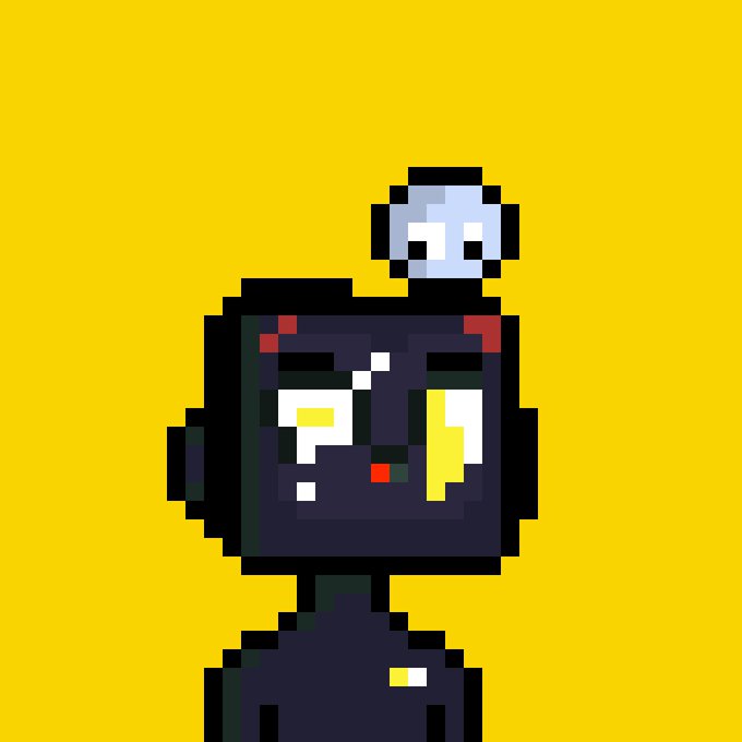 Pixel art illustration of a dark purple/black robot-like character with mismatched eyes (one yellow, one partially closed) and a small white skull-like creature on top of its head, set against a yellow background.