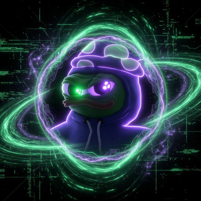 A digital artwork of a stylized character wearing a blue hoodie, surrounded by glowing green and purple energy rings and digital code.