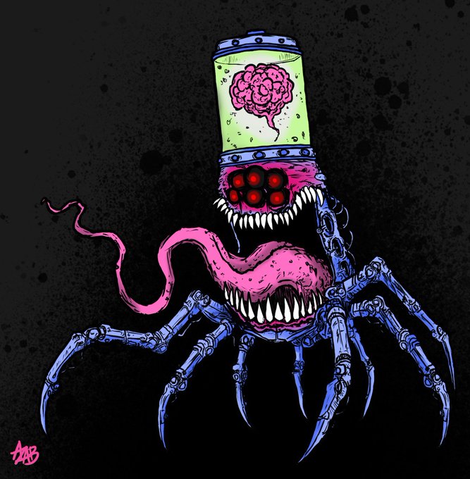 A colorful, monstrous creature illustration featuring spider legs, sharp teeth, and a brain in a jar-like container on its head, with the artist's signature 'TAB' visible.