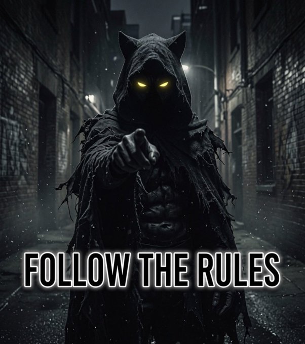 A hooded, shadowy figure with glowing yellow eyes points at the viewer in a dark alley, with bold text reading "FOLLOW THE RULES" beneath. The eerie image reinforces the giveaway post's theme of enforcing participation rules—retweet, drop your SOL address, and wait—to avoid being "called out" by the ominous cat-like specter.