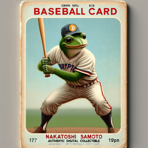 A vintage-style baseball card featuring an anthropomorphic green frog batter in an "EGYPT" jersey is captioned with satirical "Bitcoin memorabilia" text ("NAKATOSHI SAMOTO," "CRYPH 1999s," "AUTHENTIC DIGITAL COLLECTIBLE") connecting to the post's commemoration of Bitcoin's January 2009 launch and Hal Finney's "Running bitcoin" tweet.
