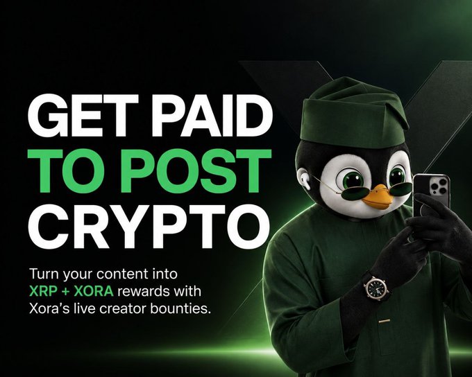 A promotional graphic featuring a penguin mascot in a green outfit holding a smartphone, with text reading 'GET PAID TO POST CRYPTO - Turn your content into XRP + XORA rewards with Xora's live creator bounties.'