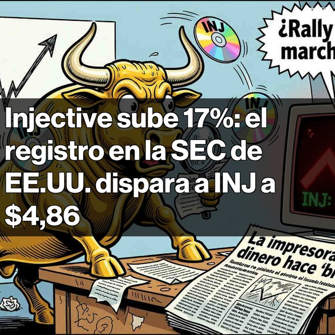 A cartoonish illustration of a golden bull with Spanish text overlay 'Injective sube 17%: el registro en la SEC de EE.UU. dispara a INJ a $4,86' alongside a newspaper and monitor showing INJ charts.