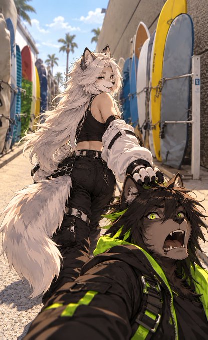 An anime/illustrated-style image showing a white-haired character with fox ears and tail, and a brown-haired character with animal ears wearing a green-and-black outfit, posing in front of colorful surfboards.